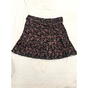 Loft Floral Pleated Mini Skirt Black Pink XL NWT 522602 Tiered Plisse Belted